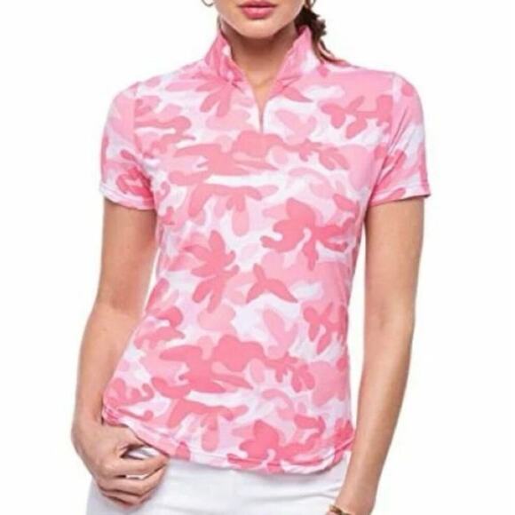 IBKUL Ladies CAMO PINK Short Sleeve Mock Golf Shirt UPF 50 Breathable 3/4 Zip S - Picture 2 of 8